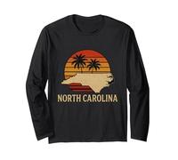 North Carolina State Map On Retro Sunset Palm Trees Graphic Long Sleeve T-Shirt, Adult Unisex, Black, Large