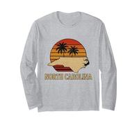 North Carolina State Map On Retro Sunset Palm Trees Graphic Long Sleeve T-Shirt, Adult Unisex, Heather Grey, Medium