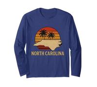 North Carolina State Map On Retro Sunset Palm Trees Graphic Long Sleeve T-Shirt, Adult Unisex, Navy Blue, Medium