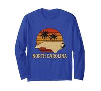 North Carolina State Map On Retro Sunset Palm Trees Graphic Long Sleeve T-Shirt, Adult Unisex, Royal Blue, Large