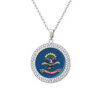 North Dakota Flag United States Round Pendant Necklace Diamond Edging Brilliant Personalized Jewelry Gifts for Women Silver-style