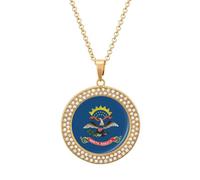 North Dakota Flag United States Round Pendant Necklace Diamond Edging Brilliant Personalized Jewelry Gifts for Women Golden-style