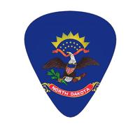 North Dakota State Flag guitar picks in three different thicknesses, suitable for electric guitar and band players