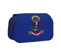 North Dakota State Flag Print Double Clamshell Pen Case, Zipper Pockets, Large Capacity For Art Supplies & Travel