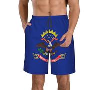 North Dakota State Flag Print Quick Dry Shorts for Men, Lightweight Summer Beach Shorts with Pockets, Elastic Waistband White