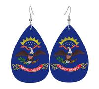 North Dakota State Flag Printed Dangle Leather Earrings, Reversible Statement Jewelry with Silver Plated Hooks