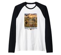 North Dakota Watercolor Prairie Landscape Travel Design Raglan Baseball Tee