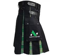 NORTH EDGE Men Scottish Hybrid Irish Kilt Leather Straps Black Cotton Utility Irish Tartan Kilt,Fashion Sport Irish Dress Kilts