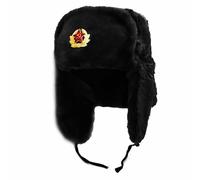 NORTH-GATE Mens Black Russian Trapper Winter Warm Hat Cap with Soviet Badge Unisex Faux Fur Ushanka Flaps Hat, Large (58 cm)