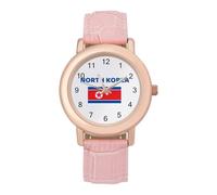North Korea Flag Women's Wrist Watch Easy Reader with Leather Strap Analog Display Wonderful Ladies Gifts