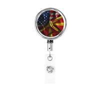 North Macedonia America Flag Heavy Duty Metal Badge Holder Reel, Retractable Badge Holder with Belt Clip for Key Name Card Holder Employee Teacher