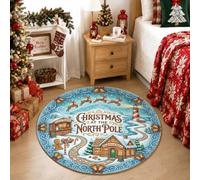North Pole Christmas Village Quote Gingerbread Bakery Round Area Rug 4ft | Festive Village Illustration, Round Carpet, Reindeer Flying Motif, Seasonal Cozy Decorative, Winter Holiday Enthusiasts