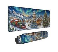 North Pole Christmas Village Scene Large Mouse Pad 16x36 Inch | Steam Train Motif, XXL Mouse Pad, Snowy Mountain Landscape, Aurora Borealis Background, Winter Village Scene