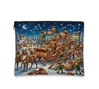 North Pole Elves Holiday Scene Christmas Makeup Bag 7x9 Inch