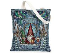 North Pole Gnomes Stained Glass Winter Scene Canvas Tote Bag 13x15 Inch | Stained Glass Art, Winter Village Landscape, Northern Lights Background, Fanciful Seasonal Decor, Cozy Atmosphere