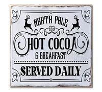North Pole Hot Cocoa & Breakfast Served Daily Rustic Farmhouse Style Hanging Welcome Wooden for Party Supplies Christmas Decorations 12 x 12 inches