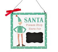 North Pole Novelties Green & White Cute Elf Design Santa Stop Here Personalisable Hanging Wall Plaque