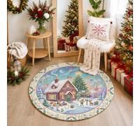North Pole Post Office Winter Scene Christmas Round Area Rug 3ft | Elves, Circle Rug, Aurora Borealis, Fanciful, Seasonal Home Decor, Winter Wonderland