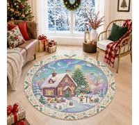 North Pole Post Office Winter Scene Christmas Round Area Rug 5ft | Elves, Circle Rug, Aurora Borealis, Fanciful, Seasonal Home Decor, Winter Wonderland