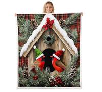 Northern Cardinal Throw Blankets,Christmas Hat Bird Fleece Blanket,Kids Girls Boys Adult Pinecone Pine Tree Fuzzy Blankets Red Black Check Sherpa Blanket Chair Sofa Bed Decor,40"×50"