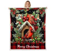 Northern Cardinal Throw Blankets,Merry Christmas Fleece Blanket,Kids Girls Boys Adult Red Berry Holly Leaves Fuzzy Blankets Red Black Check Sherpa Blanket Chair Sofa Bed Decor,40"×50"