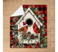 Northern Cardinals Flannel Blankets,Christmas Tree Fleece Blanket,Kids Girls Boys Adult Pinecone and Holly Leaf Fuzzy Blankets Red Black Plaid Sherpa Blanket Chair Sofa Bed Decor,40"×50"