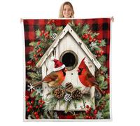 Northern Cardinals Throw Blankets,Christmas Tree Fleece Blanket,Kids Girls Boys Adult Pinecone and Holly Leaf Fuzzy Blankets Red Black Plaid Sherpa Blanket Chair Sofa Bed Decor,40"×50"