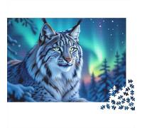 Northern Forest Lynx 1000 Piece Jigsaw Puzzle Paper Adult Suitable Aurora Borealis Scene Jigsaw Puzzle for Adults Family Focus Relax Gift 52x38cm/1000pcs