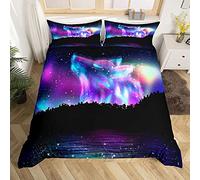 Northern Light Bedding Set Colorful Galaxy Wolf Duvet Cover For Kids Children Teens Starry Sky Aurora Comforter Cover Howling Wolf Wild Animal Bedspread Cover Bedroom Decor Quilt Cover 3Pcs Super King