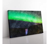 Northern Lights Above The Waterfall Vol.1 Painting Modern Art Canvas Wall Art Print Ready to Hang, Framed Picture for Living Room Bedroom Home Office Décor, 60x40 cm (24x16 Inch)
