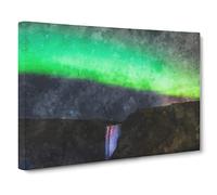 Northern Lights Above The Waterfall Vol.1 Painting Modern Art Canvas Wall Art Print Ready to Hang, Framed Picture for Living Room Bedroom Home Office Décor, 24x16 Inch (60x40 cm)