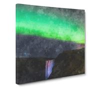 Northern Lights Above The Waterfall Vol.1 Painting Modern Canvas Wall Art Print Ready to Hang, Framed Picture for Living Room Bedroom Home Office Décor, 14x14 Inch (35x35 cm)