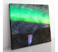 Northern Lights Above The Waterfall Vol.1 Painting Modern Canvas Wall Art Print Ready to Hang, Framed Picture for Living Room Bedroom Home Office Décor, 35x35 cm (14x14 Inch)