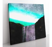 Northern Lights Above The Waterfall Vol.2 Painting Modern Canvas Wall Art Print Ready to Hang, Framed Picture for Living Room Bedroom Home Office Décor, 35x35 cm (14x14 Inch)