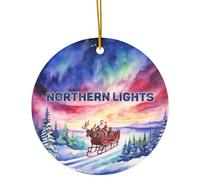 Northern Lights Aurora Borealis Christmas Ornament Ceramic Holiday Souvenir Travel Keepsake, Watercolor Santa Sleigh, Alaska Iceland Norway Finland Sweden Lapland Canada Greenland Xmas Tree Decoration