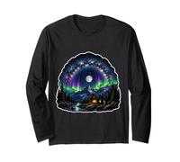 Northern Lights Aurora Borealis Night Sky Over River Cabin Long Sleeve T-Shirt