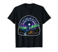 Northern Lights Aurora Borealis Night Sky Over River Cabin T-Shirt