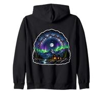 Northern Lights Aurora Borealis Night Sky Over River Cabin Zip Hoodie