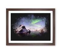 Northern Lights Aurora Borealis Paint Splash Modern Art Framed Print | A4 Walnut Framed Wall Art | Ready to Hang | Modern Landscape Picture | Living Room Bedroom Lounge Office