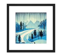Northern Lights Aurora Mountain Pine Forest Winter Blue River Rocks Watercolour Square Wooden Framed Wall Art Print Picture 8X8 Inch Artery8 Black One Size