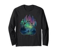 Northern Lights Bear Alaska Aurora Borealis River Scene Art Long Sleeve T-Shirt