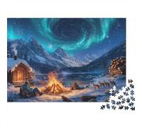 Northern Lights Cabin 1000 Pieces Jigsaws for Adults 14+, Premium Cardboard, Aurora Campfire Cottage, Challenging Brain Teaser, Home Wall Art Decor 52x38cm/1000pcs