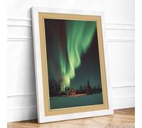 Northern Lights Cabin Vintage Framed Wall Art Print A2 (59.4×42cm) White, Wall Decor for Living Room, Bedroom, Office & Home, Ready to Hang, Art Gift