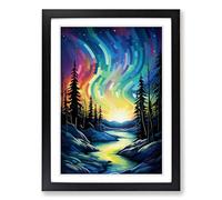 Northern Lights Cubism Framed Print | A2 Black Framed Wall Art | Ready to Hang | Cubist Landscape Picture | Living Room Bedroom Lounge Office