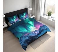 Northern Lights Duvet Cover, Aurora Arctic Scenery Bedding Sets Double Size, Reversible Print Breathable Quilt Cover with 2 Pillowcases, Zipper Closure, Bedroom Decor