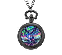 Northern Lights Eagle Truck Vintage Pocket Watch with Chain Arabic Numerals Scale Quartz Pocket Watches Gifts for Men Women