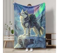Northern Lights Husky Blanket, Gray Snowy Wolf Winter Decorative Throw Blanket, Cozy Soft Flannel Warm Blanket for Sofa, Bed, All Season 40x50 Inch