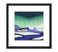 Northern Lights Iceland Snow Mountain Lake Vibrant Sky Winter Houses Village Square Wooden Framed Wall Art Print Picture 8X8 Inch Artery8 Black One Size