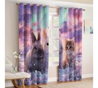 Northern Lights In The Sky Eyelet Blackout Curtains W 27.5" x L 63" Animals rabbit and cat 3D Print Thermal Insulated Noise Reducing Drapes Kids Bedroom and Living Room Room Darkening Set of 2 Panels