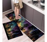 Northern Lights Kitchen Rug Set, 2 Pieces Non Slip Anti Fatigue Primeval Forest Landscape Kitchen Mat Set, Washable Floor Mat, Fluorescent Green Standing Mats for Hallway Bedroom 40x60cm+40x120cm
